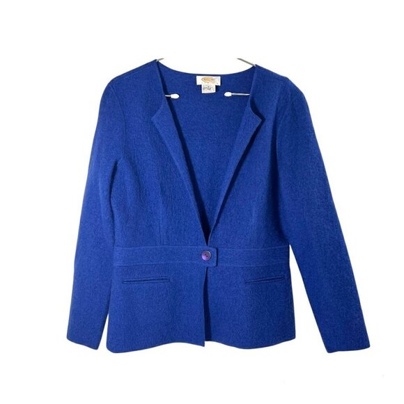 Talbots Petites Cobalt Royal Blue Sweater Blazer 100% Wool Knit Pockets Size SP - Picture 1 of 8